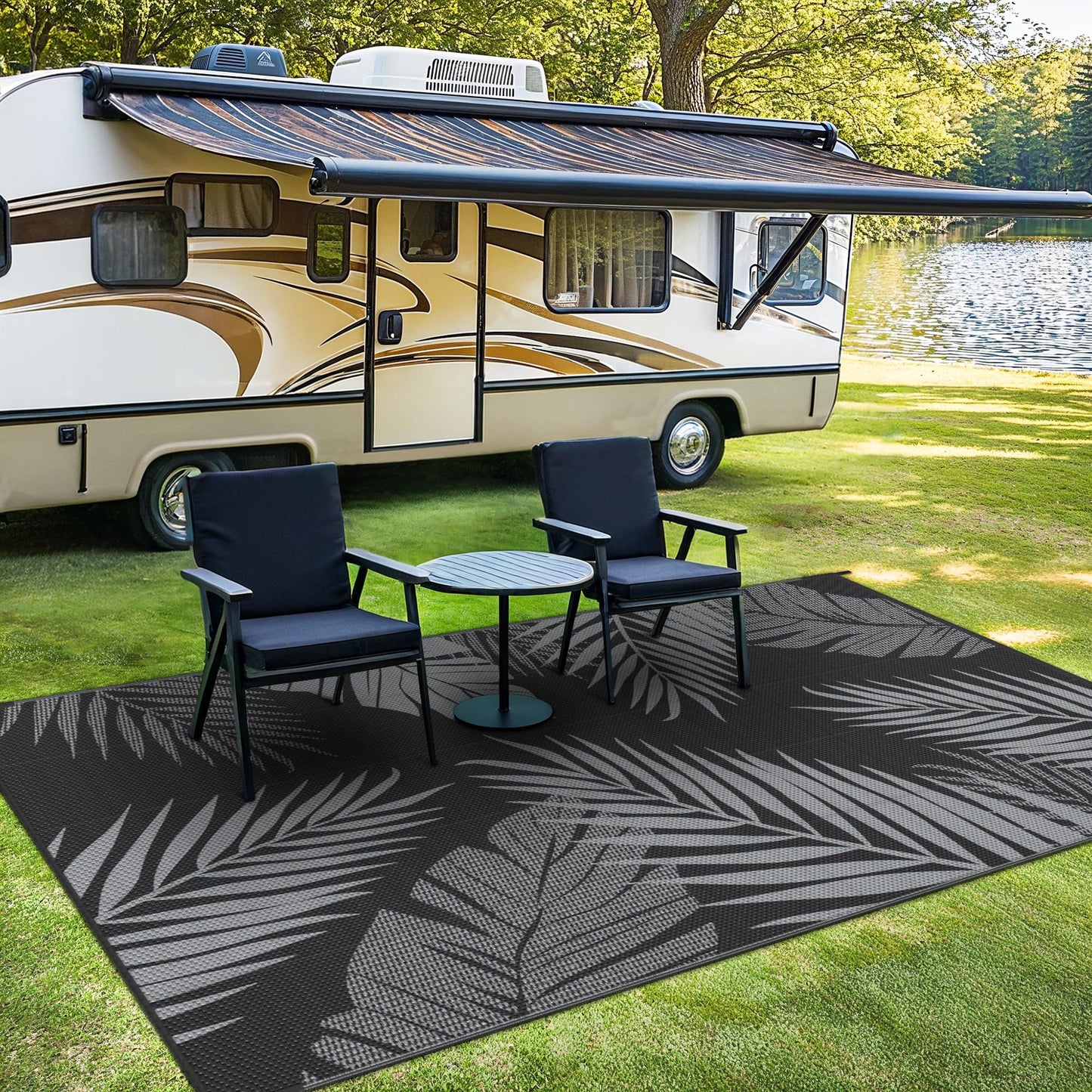 sarben Outdoor Rug 5' x 8' Waterproof for Patios Clearance, Reversible Plastic Straw Indoor Outdoor Rug for RV, Picnic, Backyard, Deck, Balcony, Porch, Beach, Black and Grey