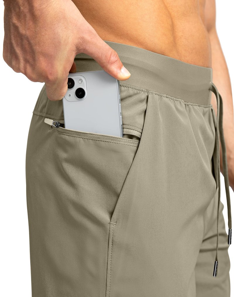 Soothfeel Men's Running Shorts with Zipper Pockets 7 Inch Lightweight Quick Dry Gym Athletic Workout Shorts for Men (Dusty Khaki, M)