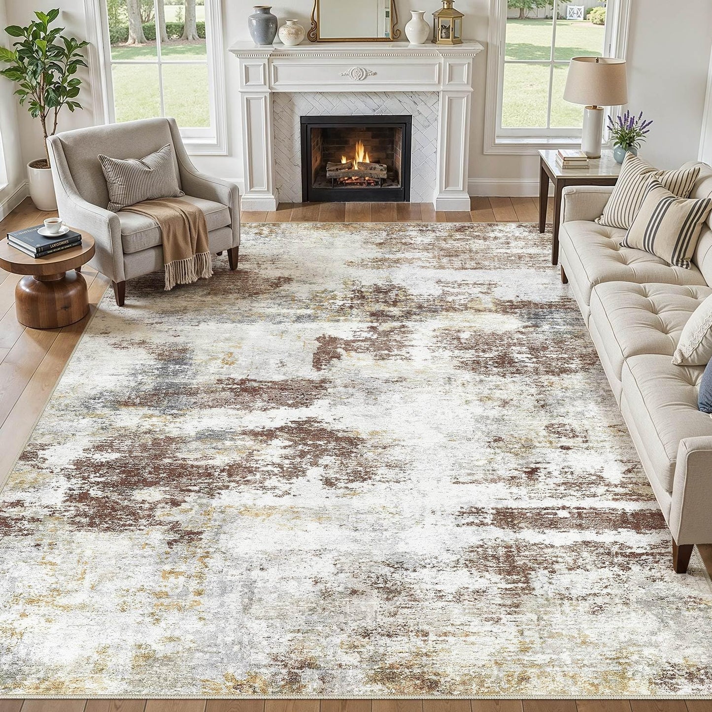 10x12 Area Rugs for Living Room - Washable Neutral Modern Abstract Rug Soft Non-Slip Stain Resistant Carpet for Bedroom Dining Table Nursery Farmhouse Home Office Decor- Redbrown