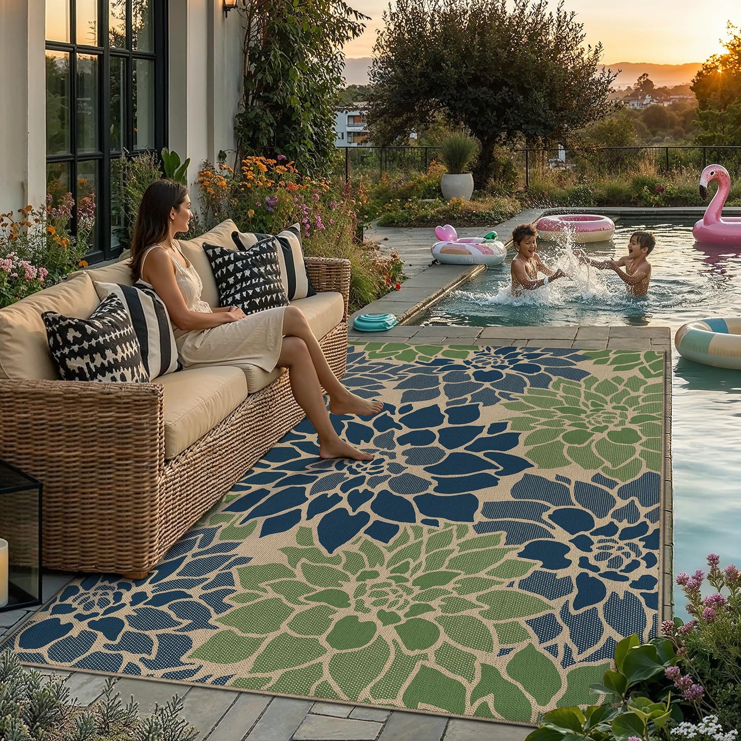PureCozy 5x7 Easy Jute Outdoor Rug Navy/Green Floral Textured Indoor Outdoor Area Rug Farmhouse Patio Carpet for Backyard, Patio, Porch, Easy-Cleaning, High Traffic, Pet-Friendly, Non-Shedding