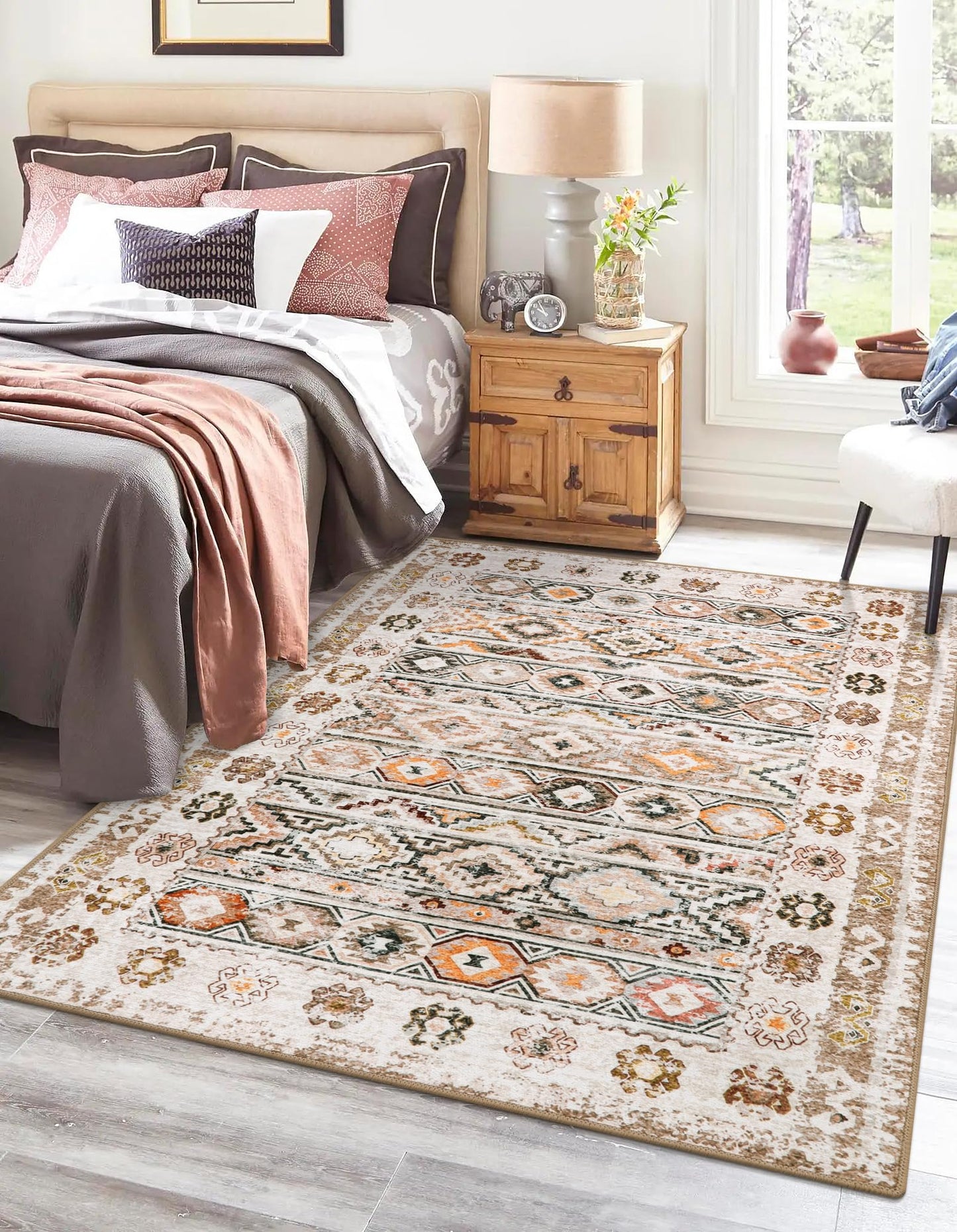 Wonnitar Boho Washable 5x7 Rugs, Moroccan Trellis Living Room Area Rug, Non-Slip Large Rug for Bedroom, Non-Shedding Western Ultra-Thin Floor Carpet for Kitchen Closet Dorm (Khaki/Multi,5'x7')