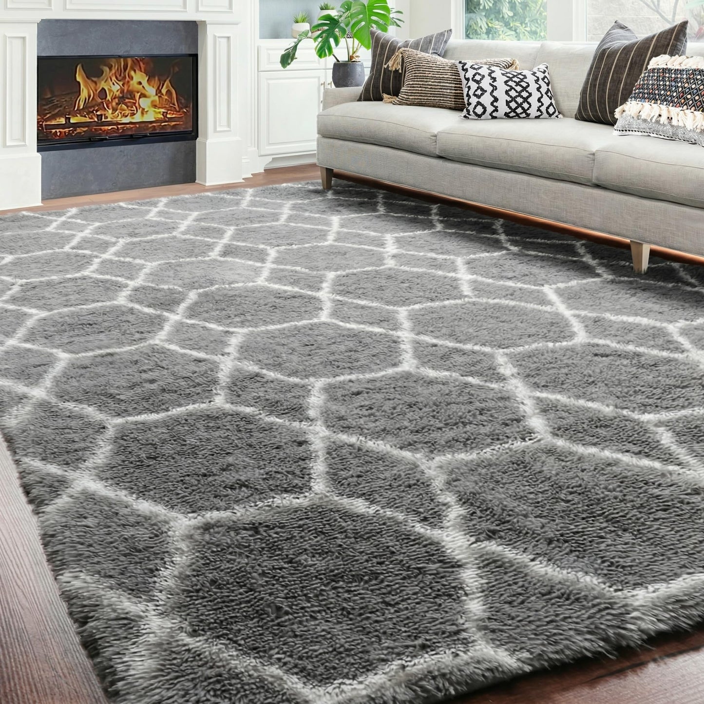 ONASAR 8x10 Area Rugs for Living Room, Fluffy Grey and White Bedroom Rug, Geometric Boho Large Soft Plush Shaggy Fuzzy Floor Carpet for Nursery Kids Classroom Playroom Dorm Home Decor