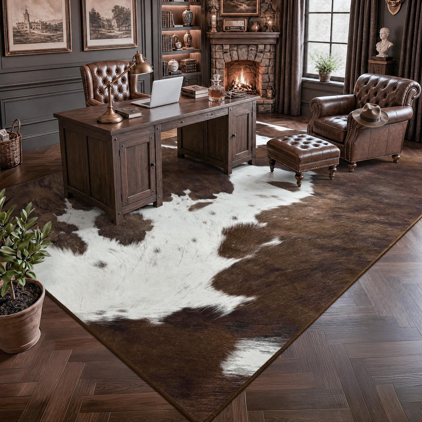 Foxmas Cow Print Rugs for Living Room Bedroom, 5x7 Washable Non-Slip Low Pile Indoor Floor Rug, Carpet for Dining Room Kitchen Office Western Home Decor, Brown