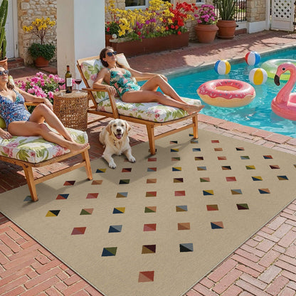 HUGEAR 6x9 Jute Outdoor Indoor Checkered Rug Washable Linen Textured Weave High Traffic Stain Resistant Non Slip Durable Carpet for Livingroom Patio Deck Balcony Courtyard (Rainbow, 6' x 9')