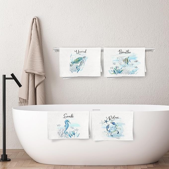 Watercolor Coastal Beach Hand Towels, Sea Horse Turtle Fish Crab Unwind Breathe