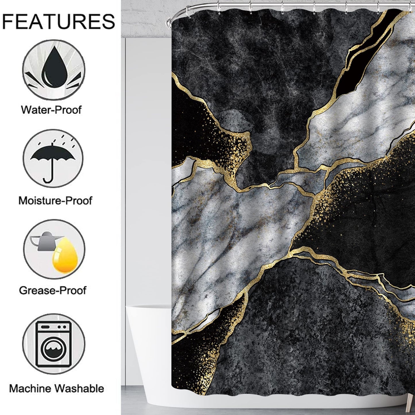 4 Pcs Marble Shower Curtain Sets, Gold Cracked Lines Crystal Geode Black Grey Bathroom Decor, Rug Toilet Lid Cover and Non-Slip U Shape Mat, Waterproof Polyester Shower Curtain with 12 Hooks, 72 x 72