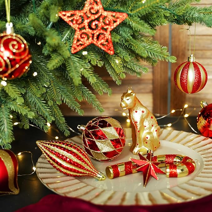 SHareconn 145pcs Christmas Balls Ornaments Set, Shatterproof Plastic Baubles Snowflakes, Stars and Tree Topper for Xmas Tree Holiday Wedding Party Decorations with Hanging Strings, Gold and Red