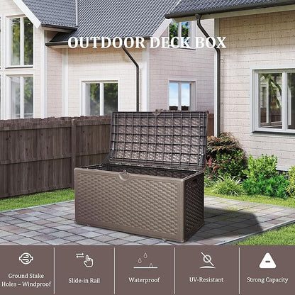 80 Gallon PLUS Lockable Deck Box, Waterproof & UV-Resistant Outdoor Storage for Patio Cushions, Heavy Duty Resin Deck Storage Container(Brown)