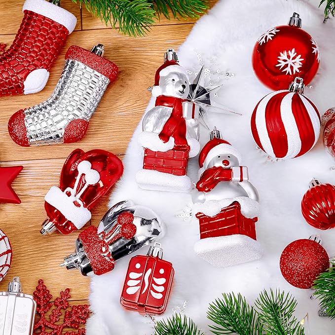Alupssuc 112pcs Christmas Balls Ornaments Set, Shatterproof Plastic Baubles Christmas Penguin, Polar Bear for Xmas Tree Holiday Wedding Party Decorations with Hanging Strings, Red, Silver and White