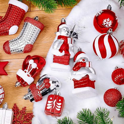 Alupssuc 112pcs Christmas Balls Ornaments Set, Shatterproof Plastic Baubles Christmas Penguin, Polar Bear for Xmas Tree Holiday Wedding Party Decorations with Hanging Strings, Red, Silver and White