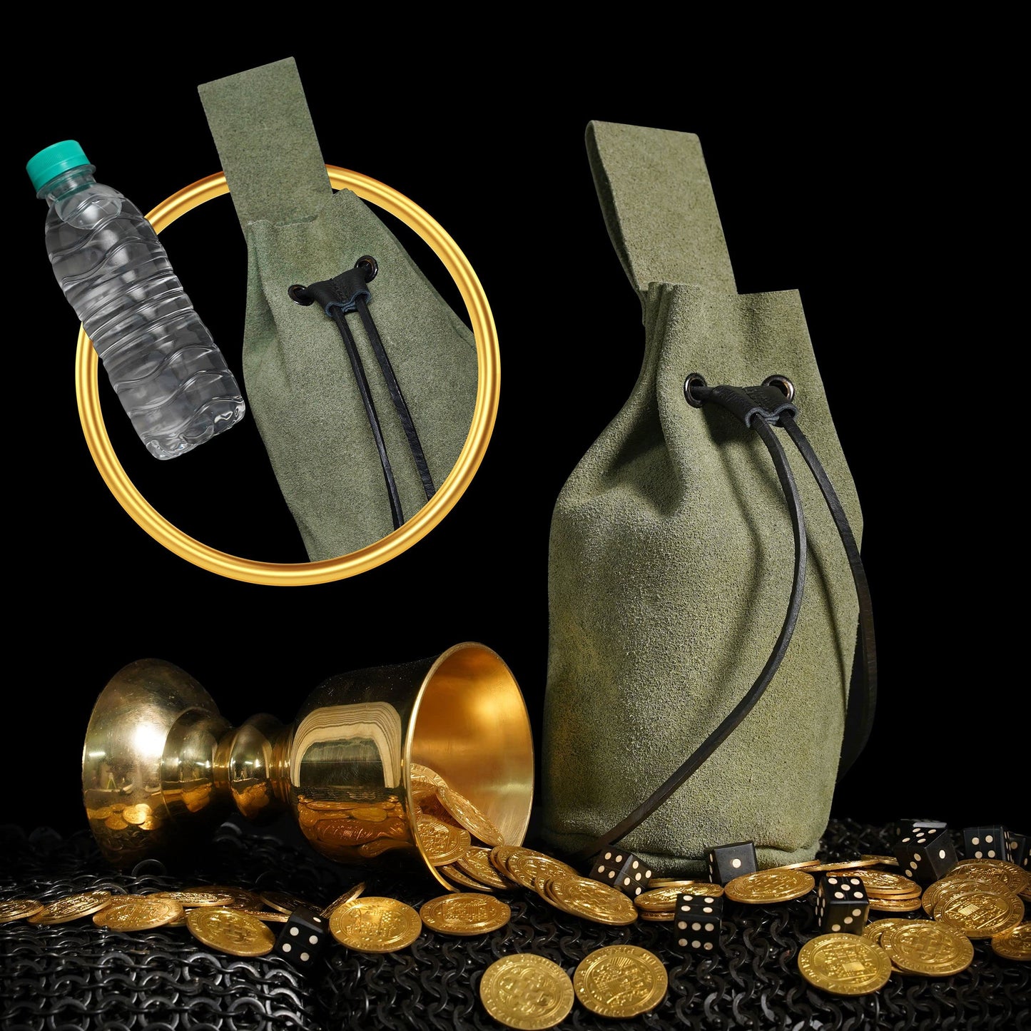 Mythrojan Drawstring Belt Bag Renaissance Costume Accessories Medieval Suede Leather Purse Viking Coin Jewelry Pouch Waist Bag for LARP, Festivals, Renfaire, Reenactments Green- 8" x 6.5"