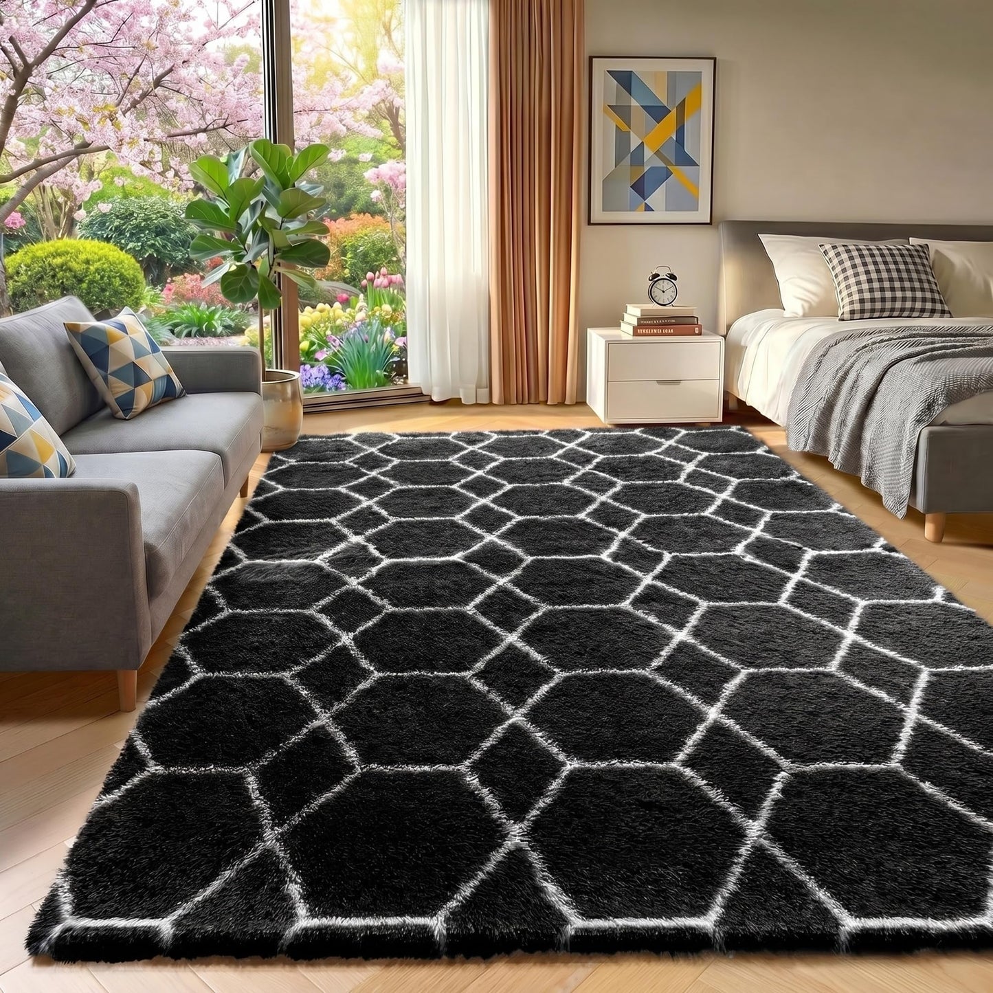 ONASAR Area Rugs for Bedroom Living Room, Fluffy 4x6 Black and White Rug, Geometric Shaggy Plush Bedside Indoor Floor Carpet for Nursery Kids Teens Girls Boys Dorm Home Office Decor