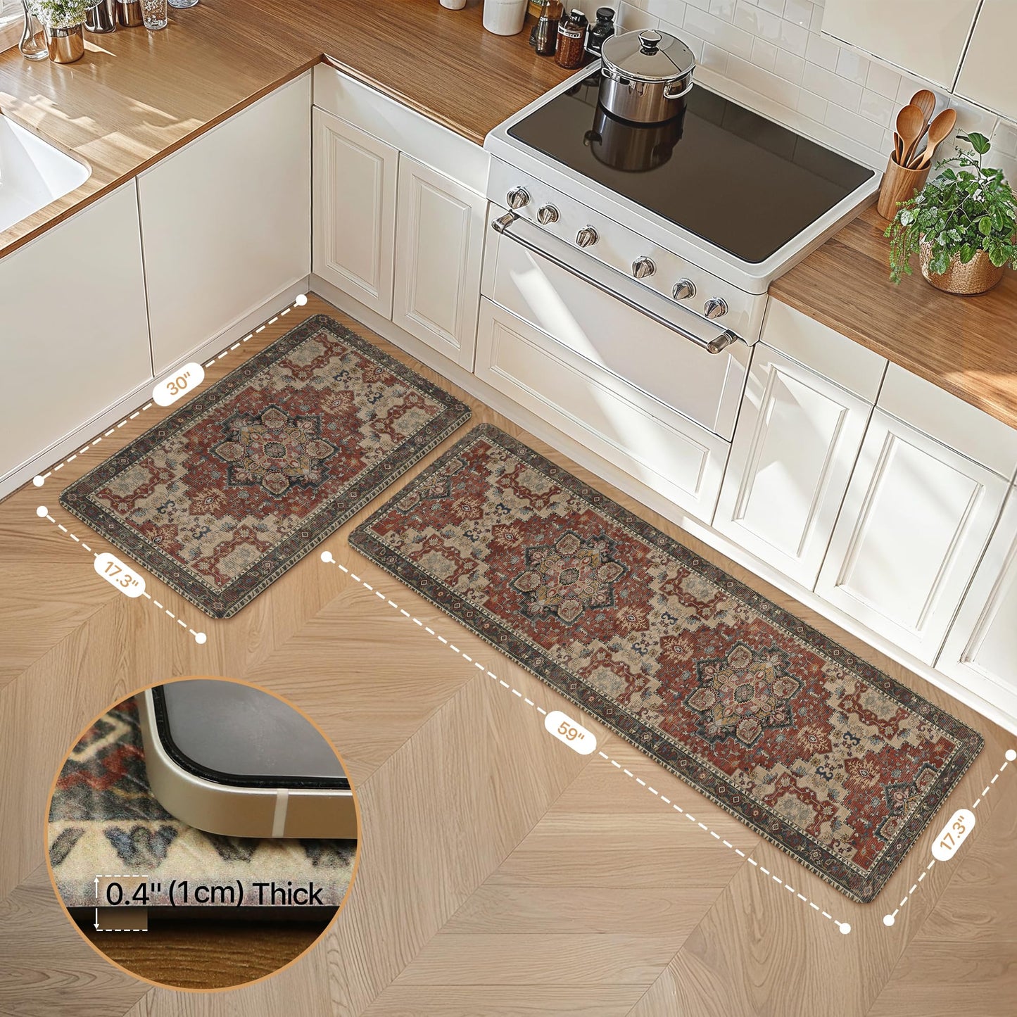 GENIMO Kitchen Mats for Floor 2PCs, Washable Anti Fatigue Mat for Cushioned, 17.3"x59"+17.3"x30", Waterproof Kitchen Rugs, Non Slip Comfort Standing Mat Rug for Home, Sink, Laundry, Bordeaux