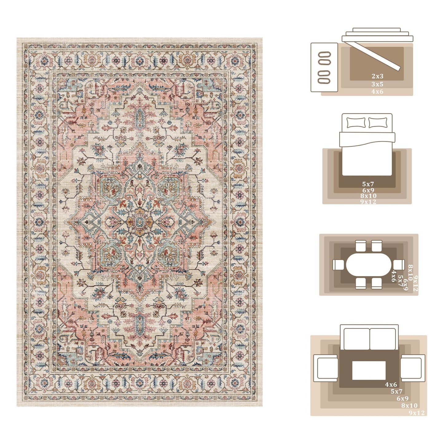 5x7 Area Rugs for Living Room Ultra-Soft Washable Rug Vintage Distressed Boho Area Rug, Non-Slip Retro Print Low Pile Stain Resistant Carpet for Bedroom Dining Room Kitchen Office