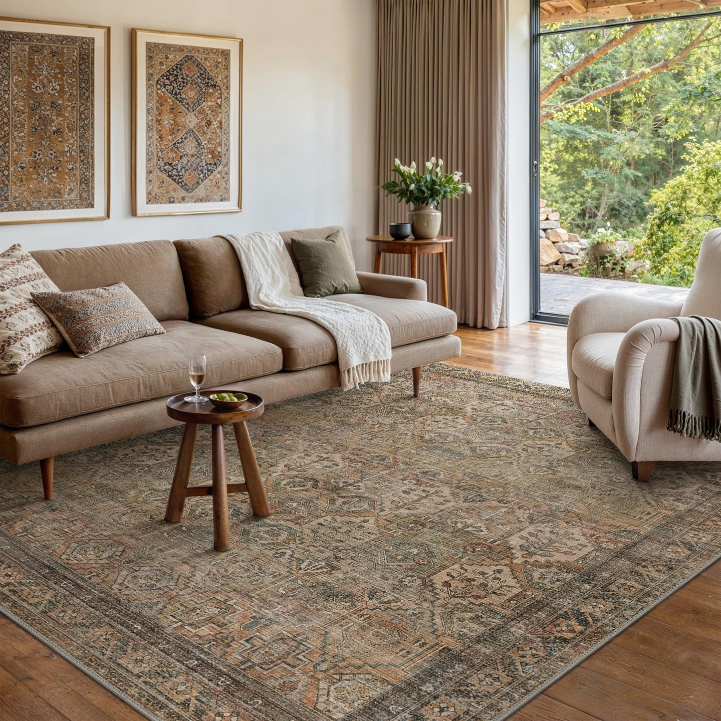 Bavni Washable Rug 8x10 Area Rug for Living Room Bedroom Dining, Washable Vintage Print Carpet, Ultra-Thin Chenille Low Pile Lightweight Rug with Non Slip Backing, Warm Taupe