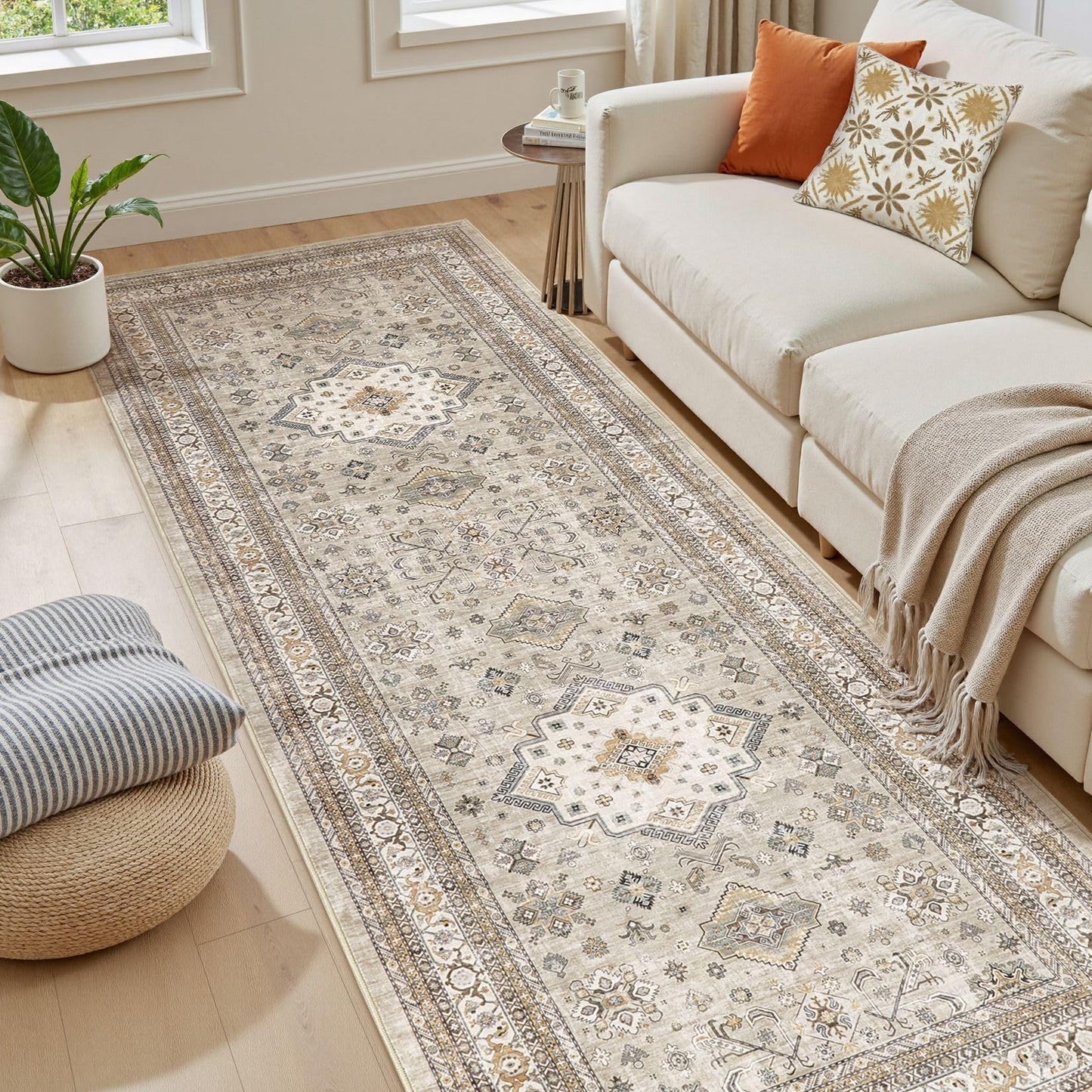 Vintage Hallway Runner Rug 3x8: Large Soft Washable Entryway for Kitchen Laundry Room Non-Slip Backing Runner for Entrance Living Room Bedroom Bathroom - Beige