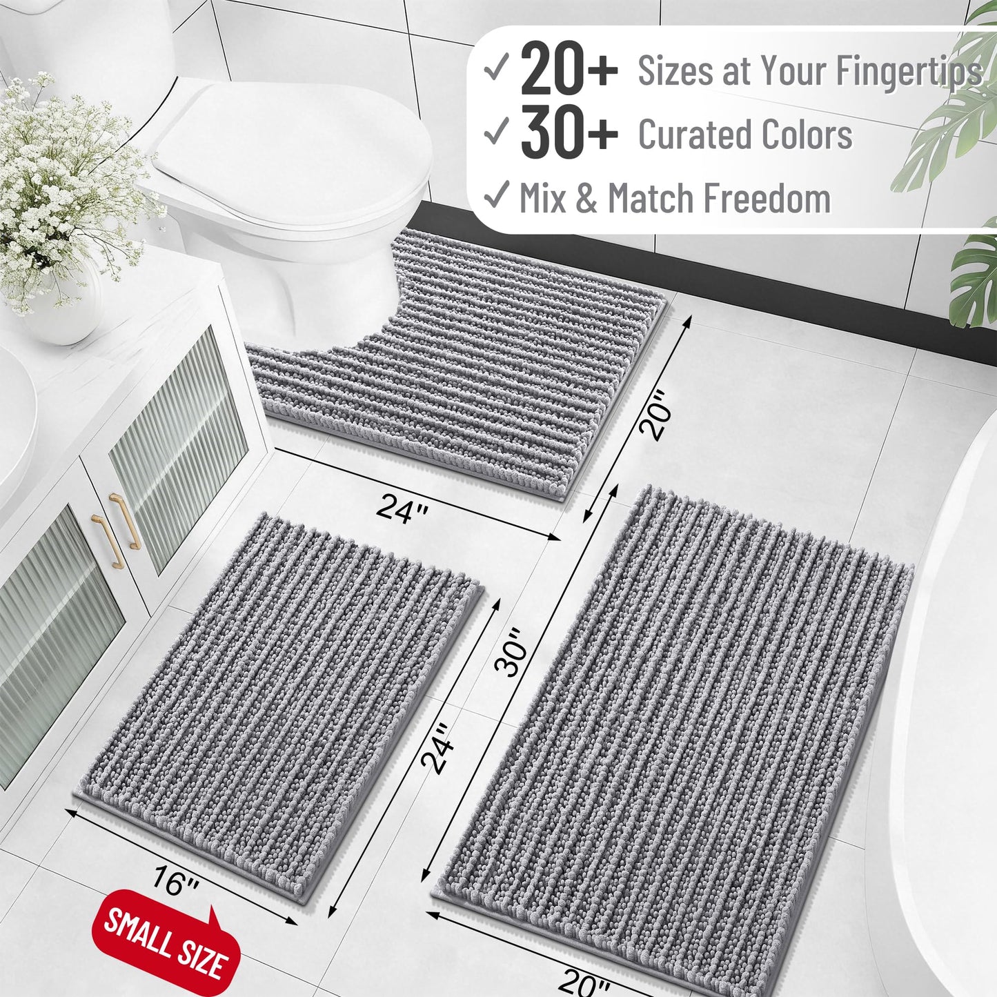 OLANLY Bathroom Rug Mat 30x20, Thick Soft and Absorbent Chenille Bath Mat, Non-Slip Rubber Backing, Machine Washable Quick Dry Bath Rugs for Tub Shower Floor, Home Decor Accessories, Grey