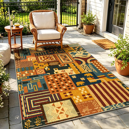 Quntue Easy Jute Front Porch Rug 3x5 Washable Farmhouse Patchwork Tan Rugs for Entryway Non Slip Southwestern Boho Indoor Outdoor Carpet for Patio, Kitchen, Bedroom, Entrance