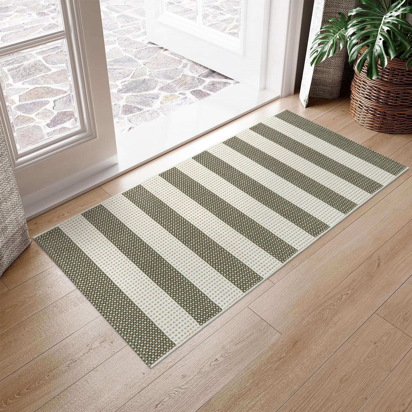 OJIA Striped Rug 24"x51" Washable Front Door Mat Outdoor Doormat Woven Entry Rug Cotton Indoor Outdoor Rug Small Checkered Rugs for Porch Kitchen Entryway Patio Bathroom (Green/White/Tan)