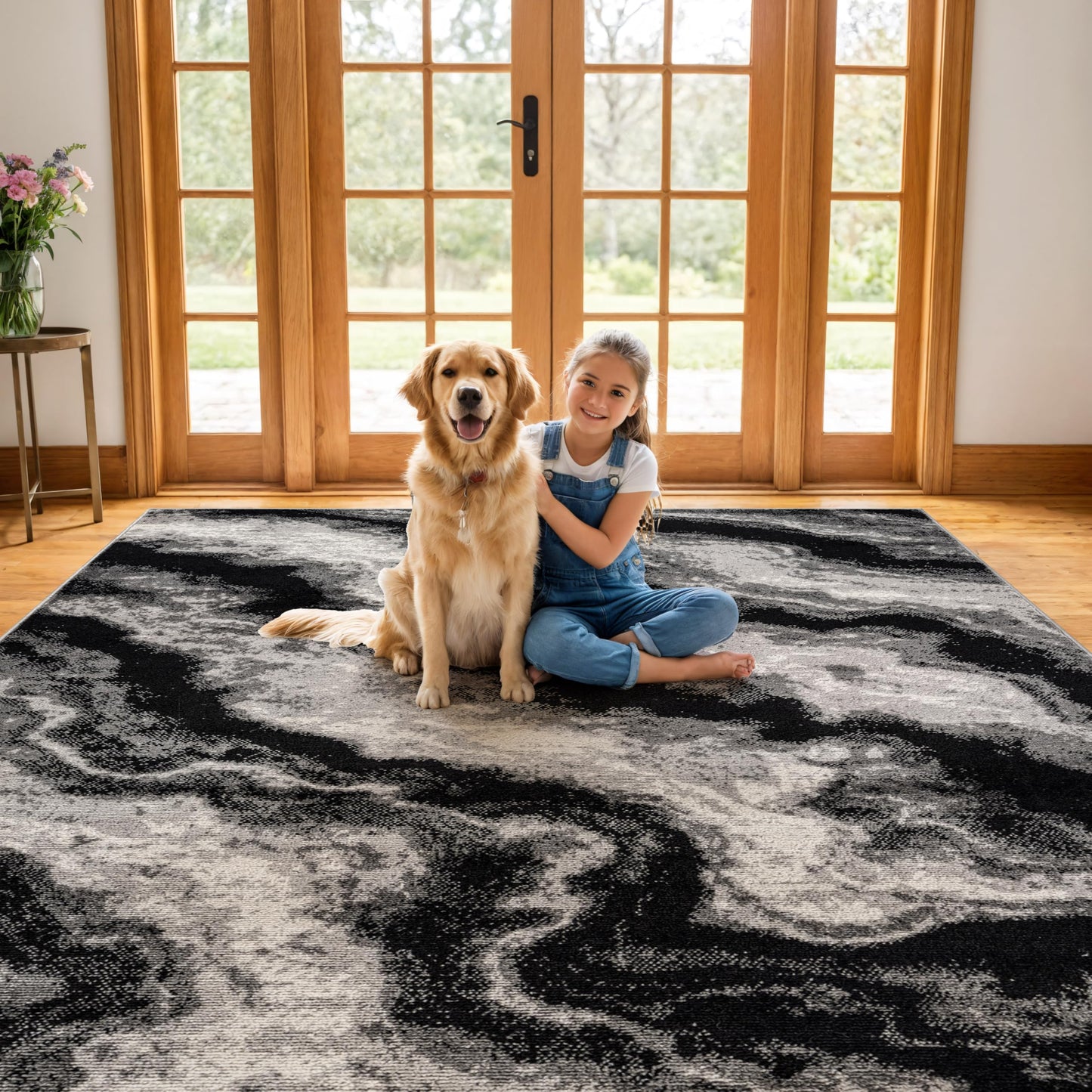 Rugshop Black Gray Marble Swirl Area Rug Non-Shedding Contemporary Indoor Carpet for Living Room Bedroom Kitchen 5' x 7'