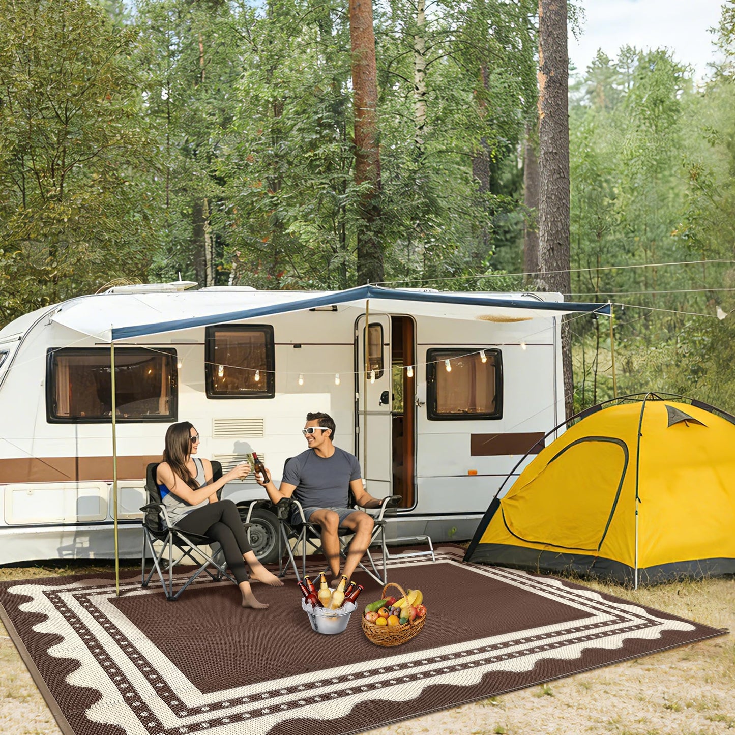 IDEALHOUSE Waterproof Outdoor Rug 9x12 for Patio, Reversible Modern Area Rug, Large Plastic Straw Mat for Camping, RV, Porch, Backyard, Deck, Picnic, Beach, Brown & Beige