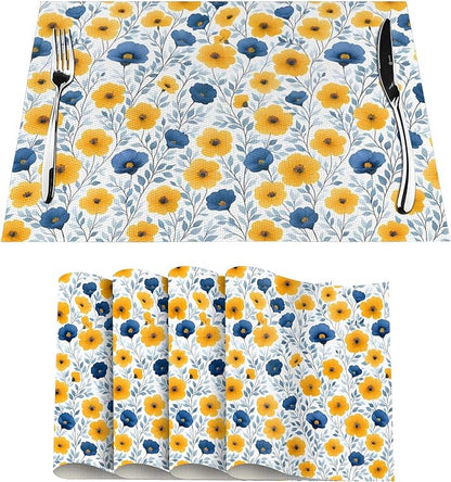 Yellow Blue Floral Linen Placemats Set of 4, Washable Heat Resistant Table Mats for Dining Table Kitchen Holiday Party Farmhouse, Gift for Floral Nature Lovers, Spring Home Decor, 12" x 18" Place Mats