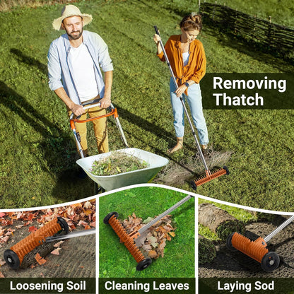 Thatch Rake for Lawn, 15-Inch Dethatcher Rake with Rolls Efficient Steel Metal Rake, Adjustable 0-15°, 38-68 Inch Handle, Heavy-Duty Thatching Rakes for Cleaning Dead Grass, Yard Garden Care