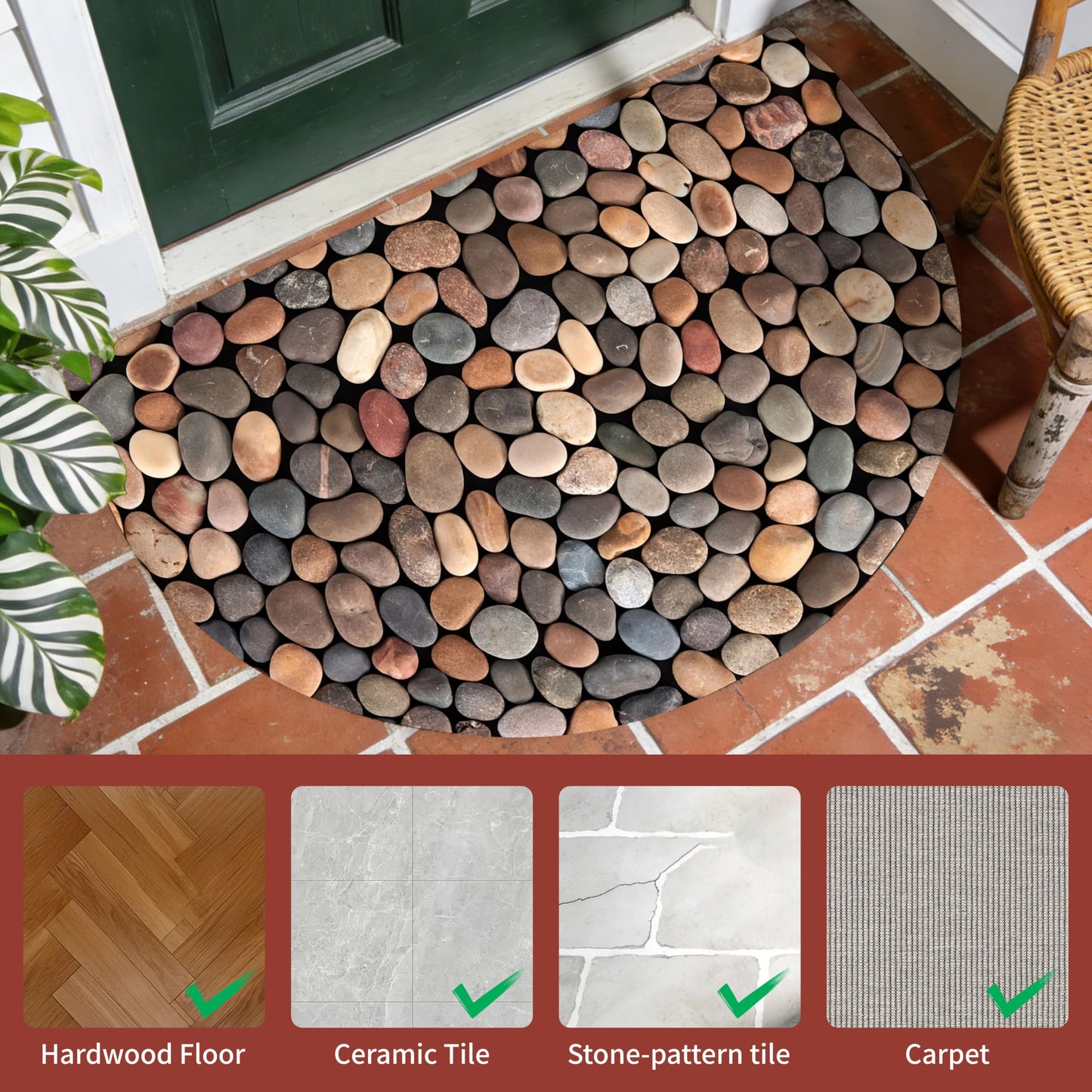 WOYUO Half Circle Door Mat 20"x31.5" Non-Slip Washable Welcome Mat, Low Profile Front Door Mat Semicircular Entrance Doormat, Dirt Trapper Floor Mat (Smooth Pebble Pattern, 24"x 36" Large Half Round)