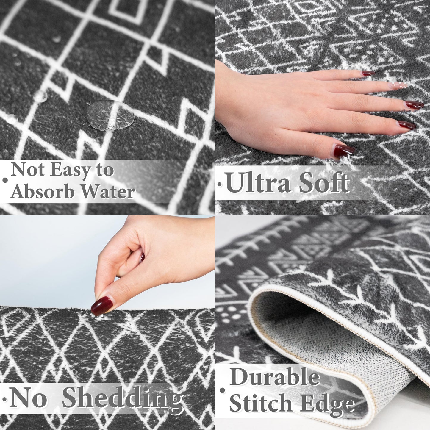 Tititex Luxury Dark Grey White Bohemian Runner Rug, 20x32 inch Extra Soft Microfiber Area Rugs, Non-Slip Plush Shaggy Boho Bedside Carpet, Mats for Bedroom Floor, Laundry and Doorway