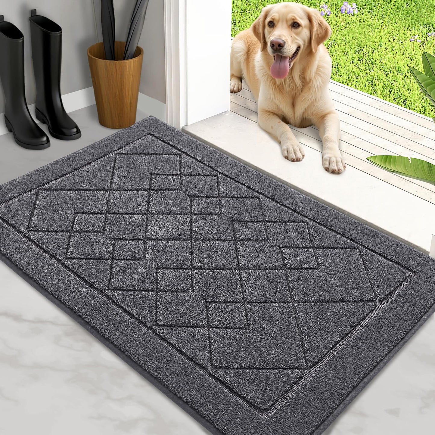 REFETONE Dirt Trapper Door Mat 20" x 32", Washable Indoor Doormat Rubber Backing Non Slip, Resist Dirt and Absorbent Entrance Mat, Low Profile Inside Floor Mats for Front Back Door and Entryway, Grey