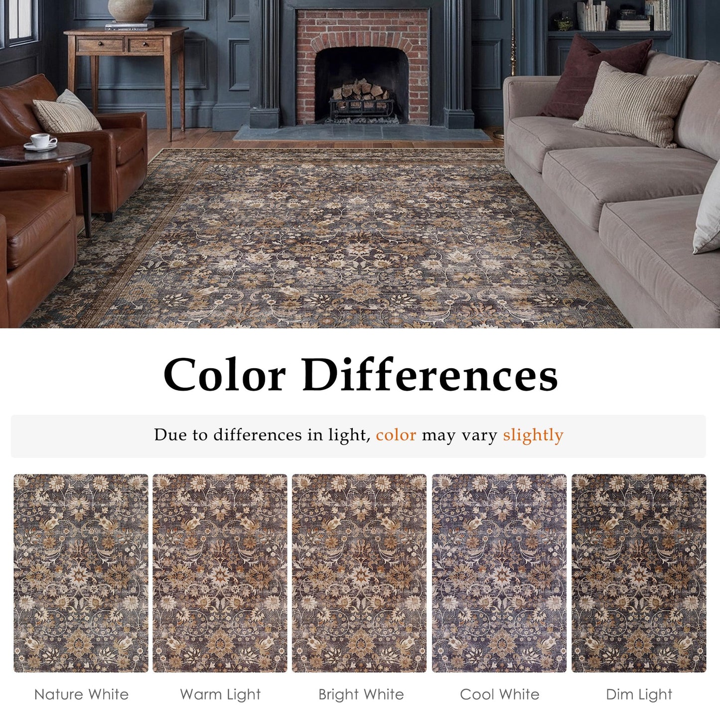 HUGEAR 8x10 Machine Washable Rugs Tradition Brown Hallway Large Area Rug Indoor Accent Rug Floral Low Pile Carpet Soft Throw Aesthetic Rug Bedroom Living Room Office Dining Room Kitchen Laundry Room