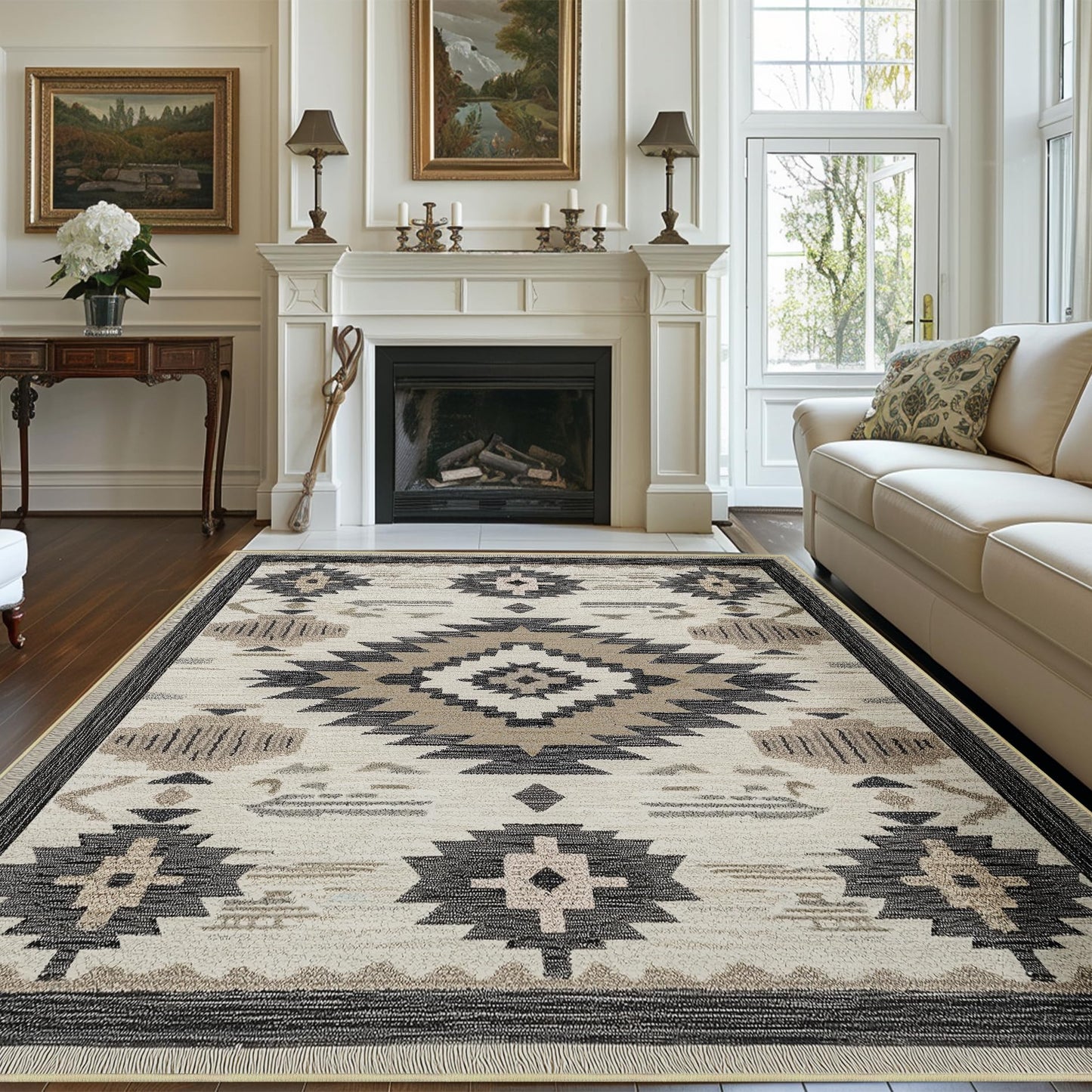 Area Rug 5x7 Western Rug Living Room Southwestern Aztec Rugs Machine Washable Tribal Navajo Southwest Rug Non Slip Printed Low-Pile Indoor Floor Carpet for Dining Room Bedroom Office, Beige