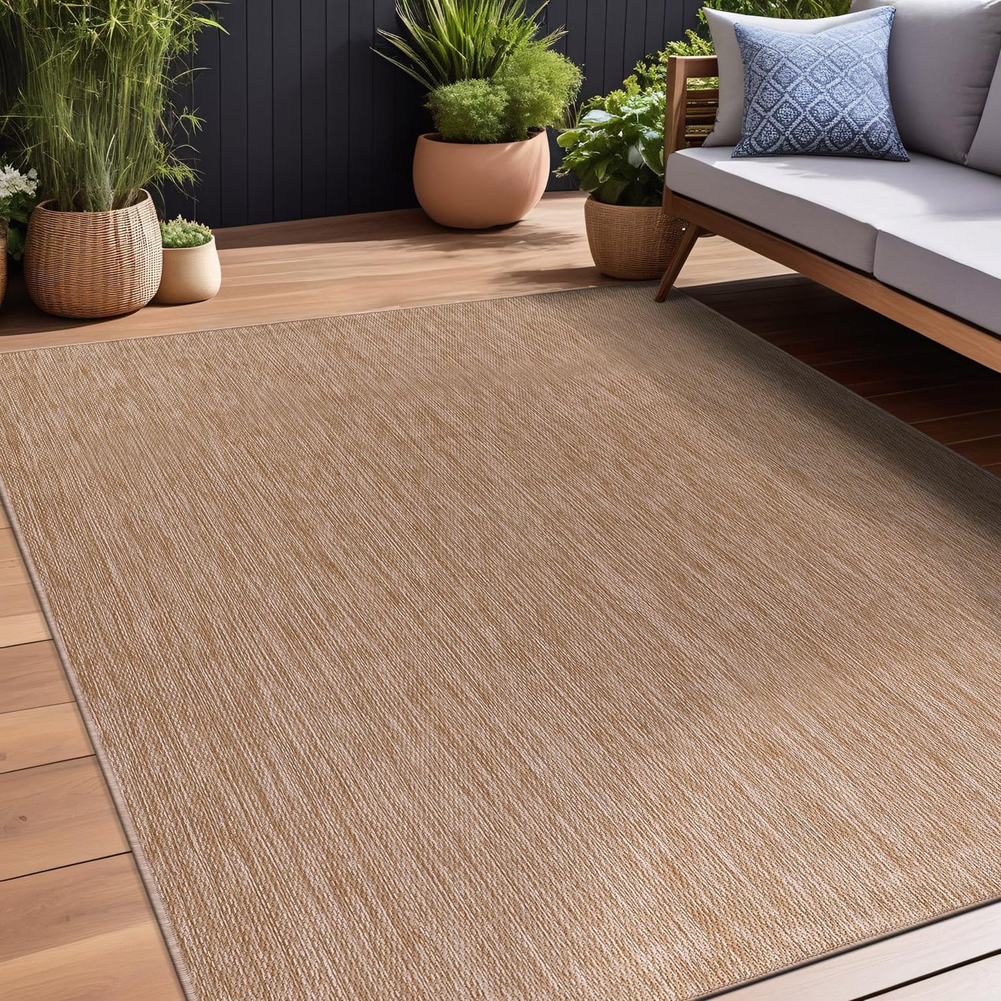 Beverly Rug Indoor Outdoor Rug 6x9, Washable Outside Carpet for Patio, Deck, Porch, Solid Modern Area Rug, Water Resistant, Jute Beige