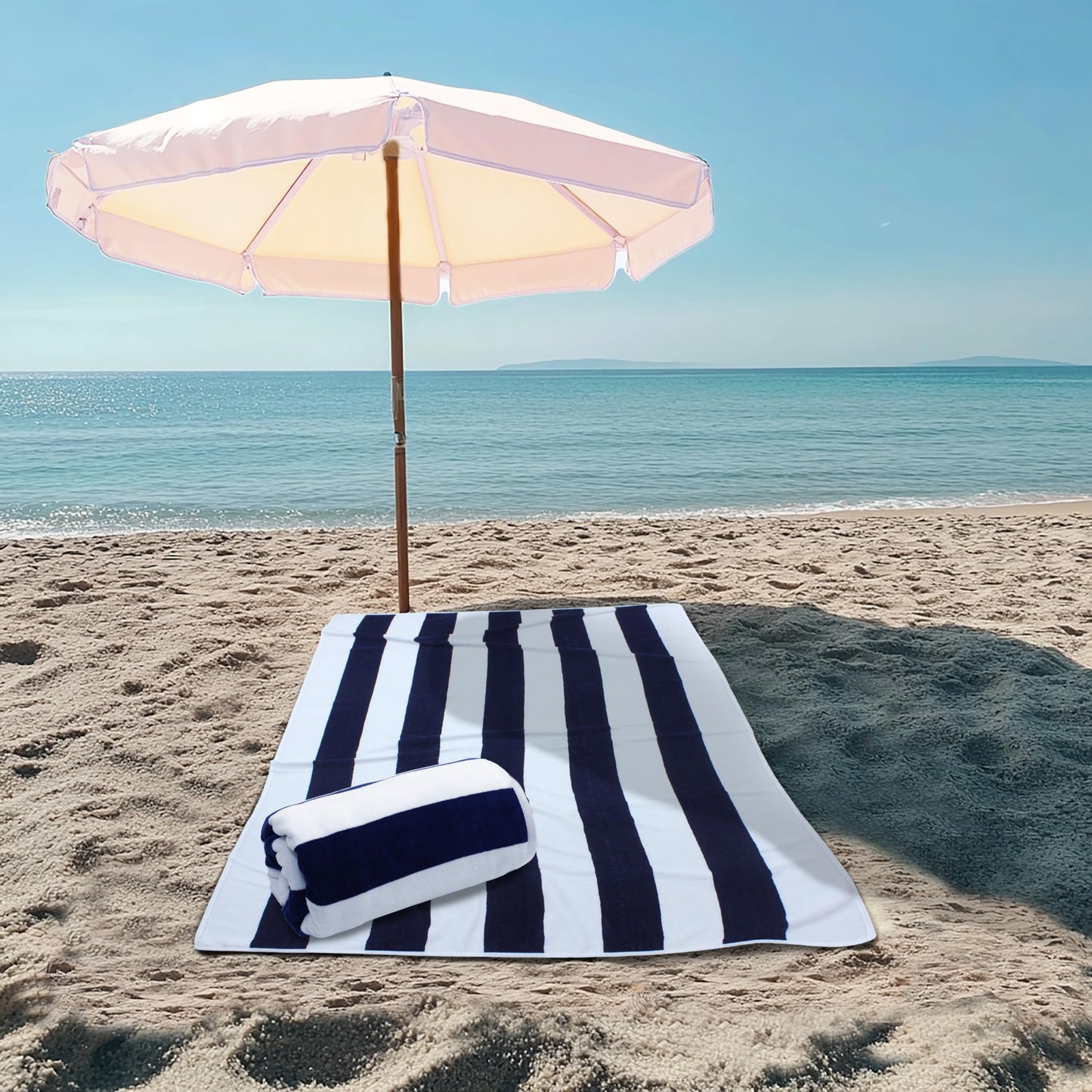 COTTON CRAFT Oversized Beach Towels - Set of 2 - XXL 35x84 The Big Kahuna 7 Foot Extra Large Beach Blanket Towel - Big & Tall - Huge 100% Cotton Velour Soft Luxury Pool Bath Towel - Cabana Stripe Navy