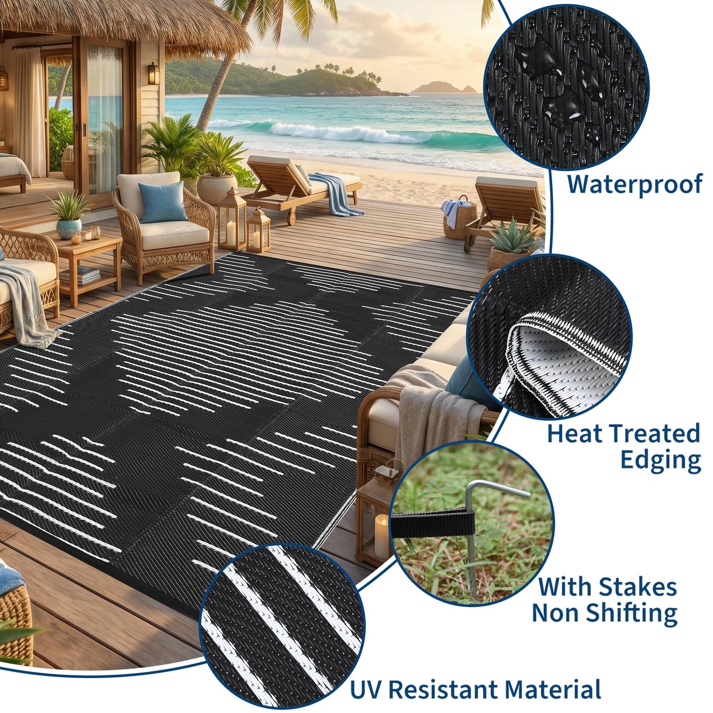 Garvee Waterproof Outdoor Rug 5x8 Rug Plastic Reversible Area Rugs Indoor Outdoor Carpet for Patio RV Porch Balcony Backyard Picnic Black White