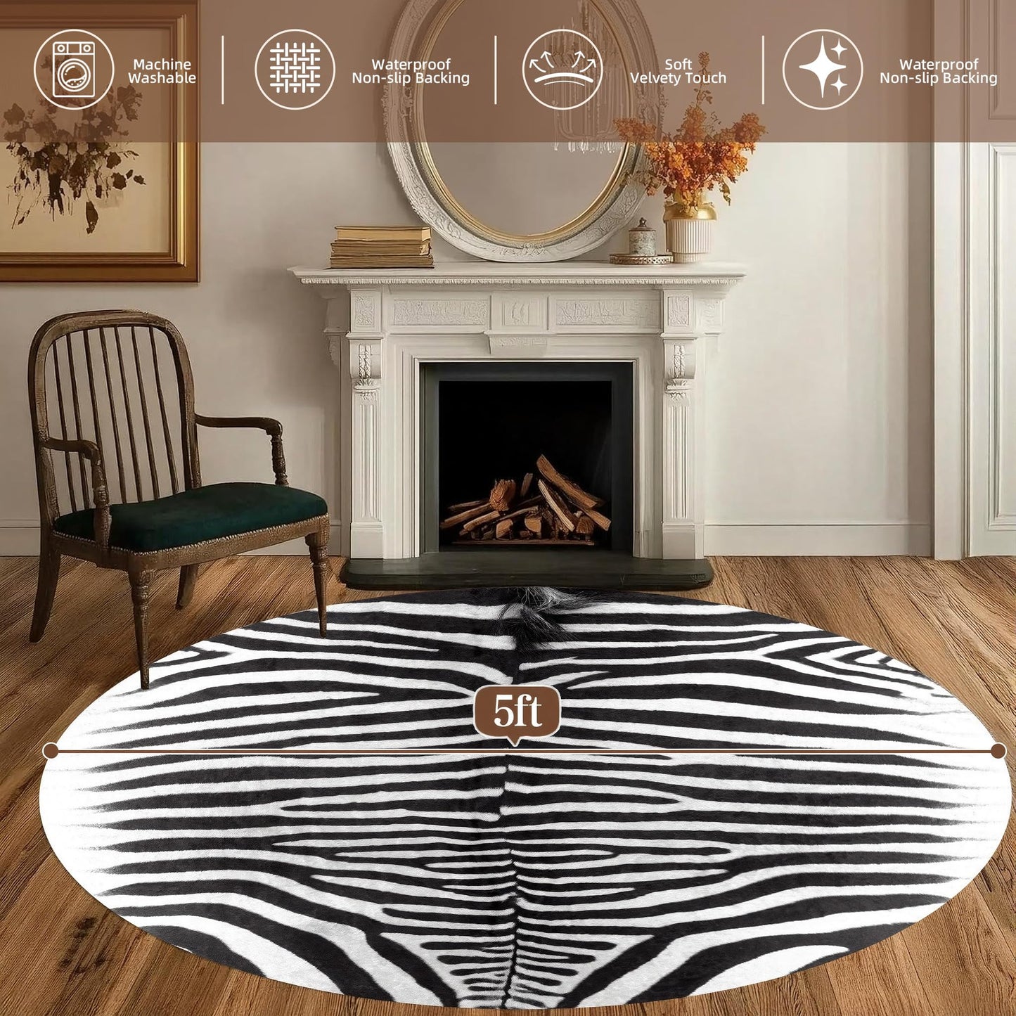 Kelilaicow Classic Zebra Print Faux Cowhide Round Rug, 5x5 ft Ultra-Thin Washable Non-Slip Circle Mat for Living Room, Bedroom, Easy-Clean & Pet-Friendly