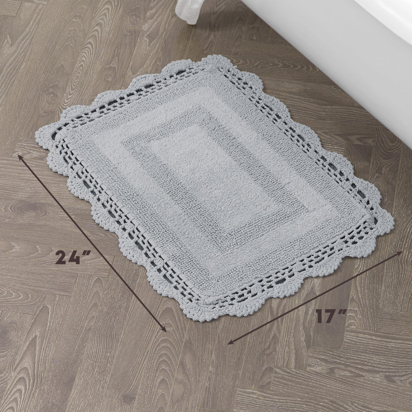 Laura Ashley Absorbent Bath Mat Reversible Crochet Soft and Plush Bathroom Mat 100% Cotton 17x24 Bath Rug, Light Grey