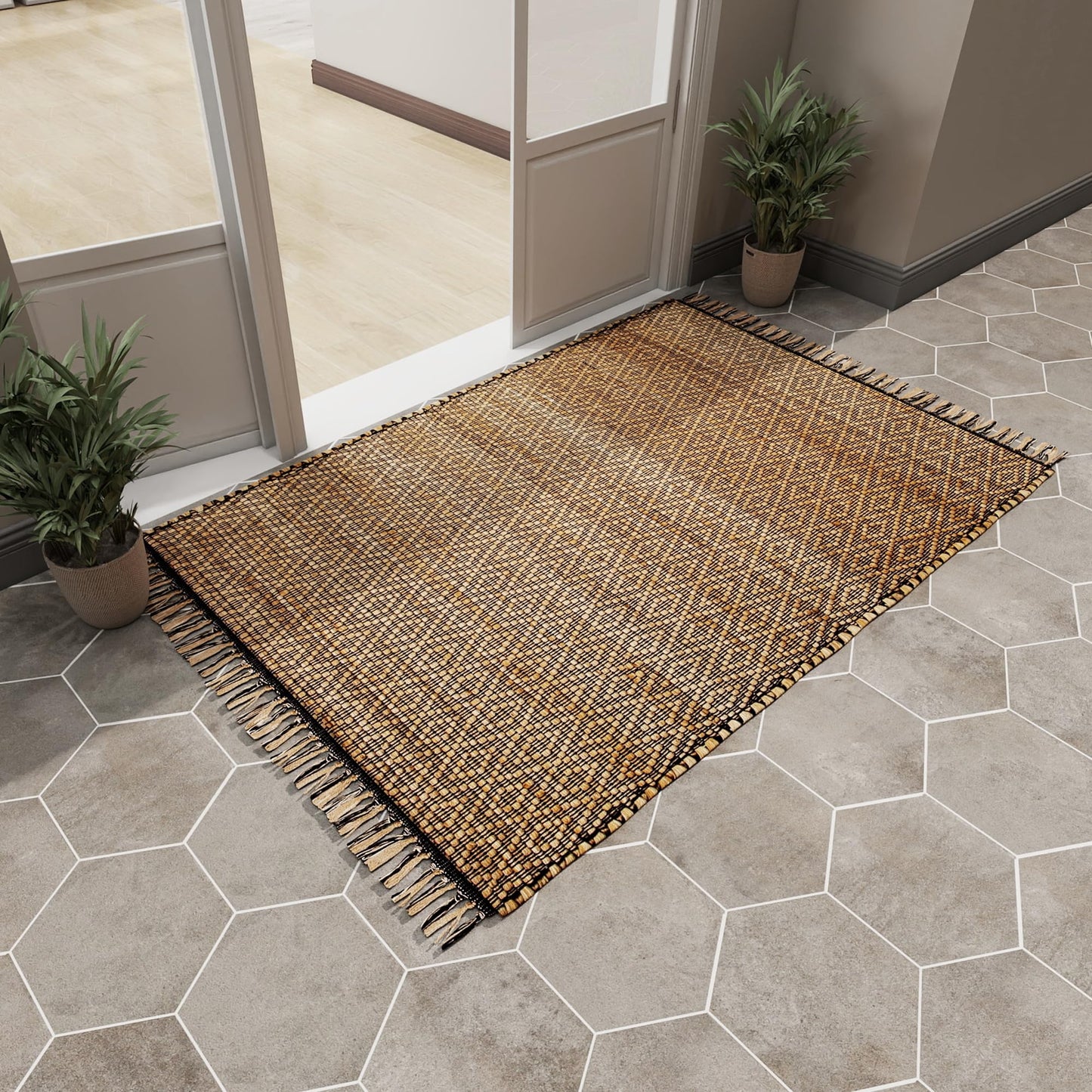 Eco Crave Handmade Jute Area Rug 3x5 ft – Brown & Black Diamond Pattern Natural Hand-Woven Low Pile Non-Slip High Traffic Area Floor Rug for Indoor Outdoor, Farmhouse Boho Area Rug, 36x60 Inches