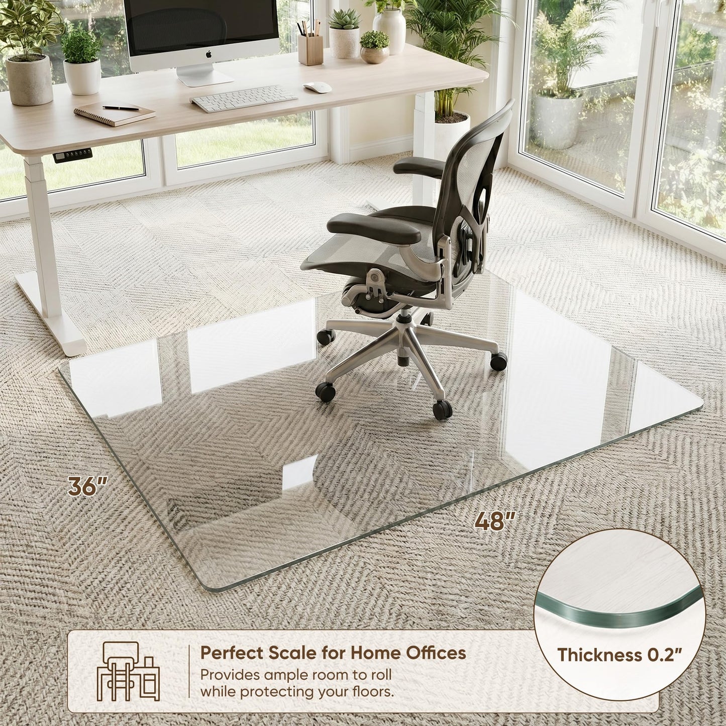 Antok Tempered Glass Chair Mat, 36"x48" Office Chair Mat for Carpet & Hardwood Floors, Heavy Duty 0.2" Desk Chair Mat for Smooth Rolling at Home or Office