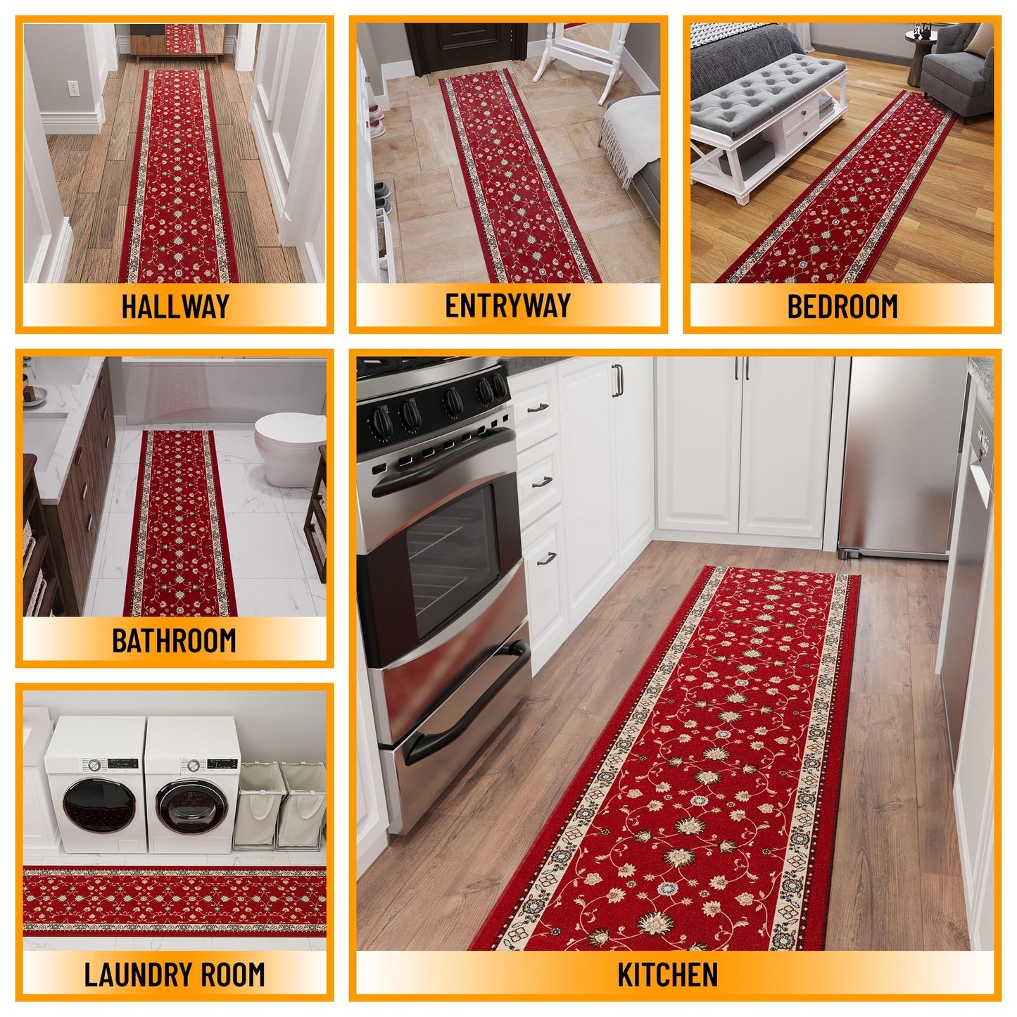 Ottomanson Hallway Runner Rug 2'7" x 10' – Soft Non-Slip Rug, Low Pile Carpet for Entryway, Kitchen & Long Hallways in Apartments and Homes, Mahal Red