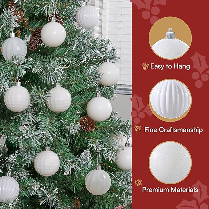 JOIEDOMI 24 Pcs White Christmas Balls Ornaments Set, 2.36" Christmas Tree Ornaments Shatterproof, Xmas Balls Hanging Decorations for Tree Wreath Garland Holiday Wedding Indoor Party Decor