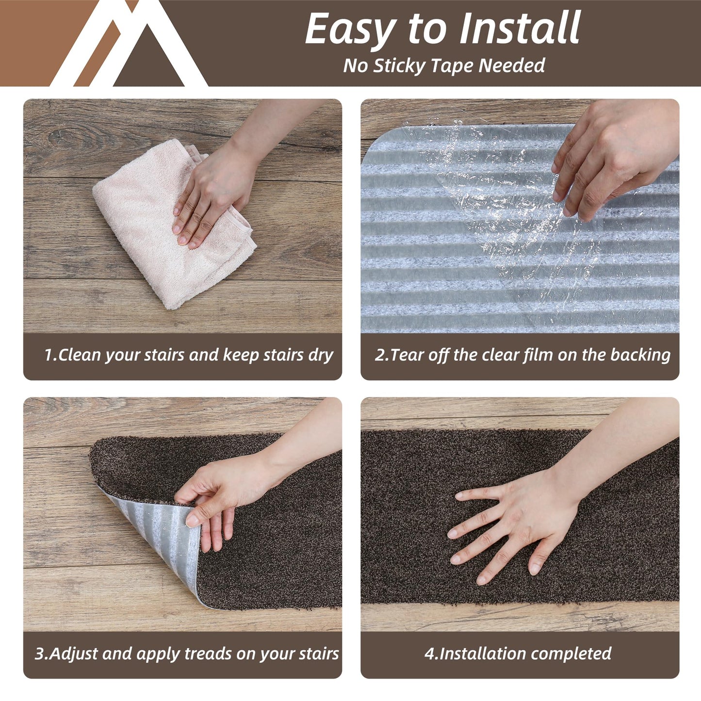 COSY HOMEER Stair Treads Non-Slip 15pcs Carpet Mat 28inX9in Indoor Stair Runners for Wooden Steps, Stair Rugs for Kids and Dogs, 100% Polyester TPE Backing Brown Protect Floor