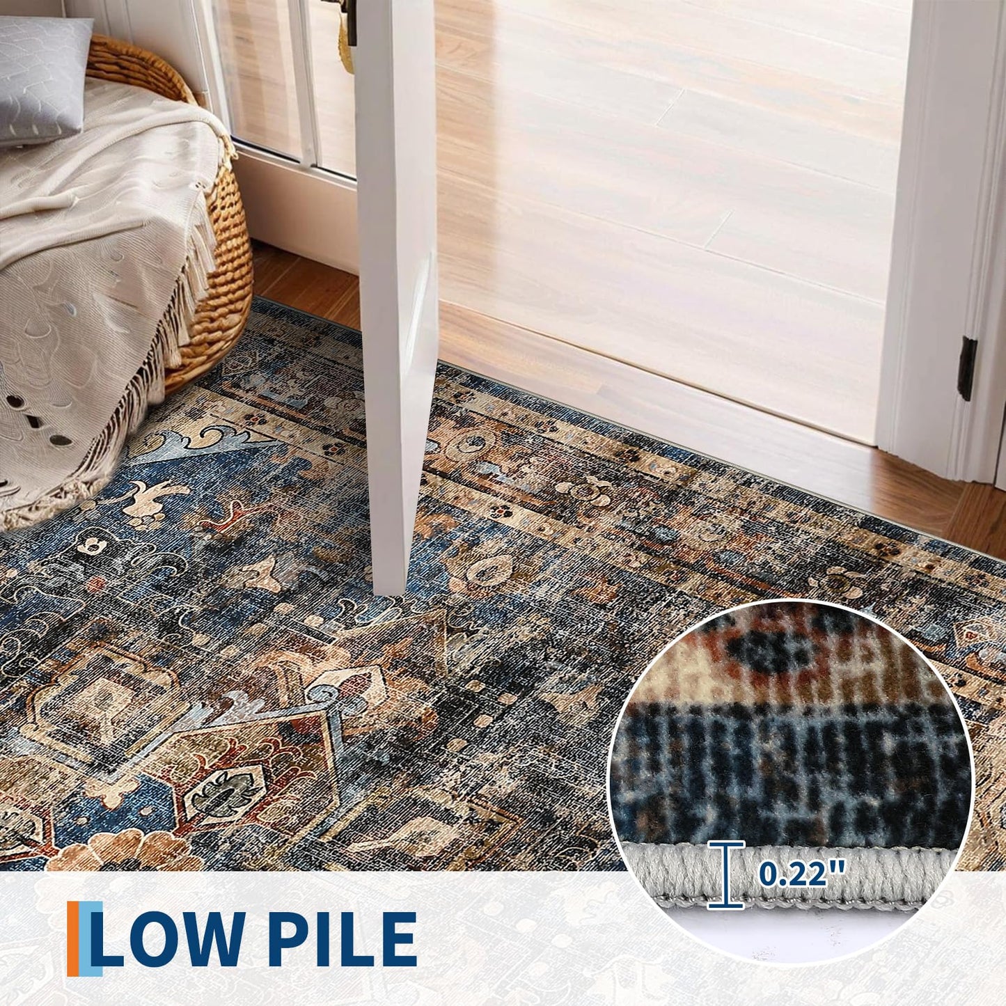 GarveeHome 8x10 Washable Vintage Living Room Area Rug: Vintage Machine Washable Area Rug for Living Room Indoor Large Non-Slip Bedroom Carpet Low Pile Stain Resistant Dining Room Carpet Blue&Brown