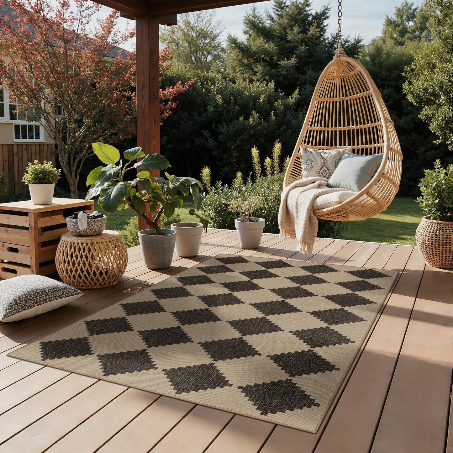 GENIMO Indoor Outdoor Area Rug 5'x8', Checkered Easy Jute Rug Machine Washable, Easy-Cleaning, Non Slip Geometric Woven Outdoor Carpet for Patio, Living Room, Backyard, Porch, Deck, Balcony
