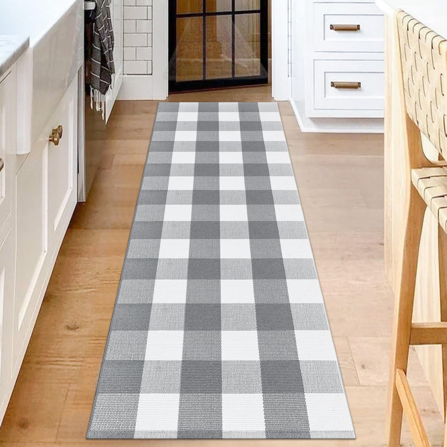 Aoczes Buffalo Plaid Runner Rug 2x6 Feet Grey and White Checkered Runner Rug Cotton Woven Farmhouse Floor Mat Washable Rugs for Hallway Kitchen Laundry Bedroom Living Room