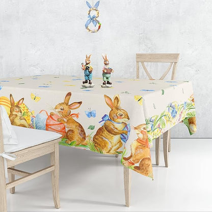 Easter Bunny Tablecloth 54"x108" Rectangle Vintage Easter Floral Butterflies Flower Leaf Egg Rabbit Fabric Table Cover for Happy Easter Spring Holiday Birthday Wedding Outdoor Picnic Party Supplies