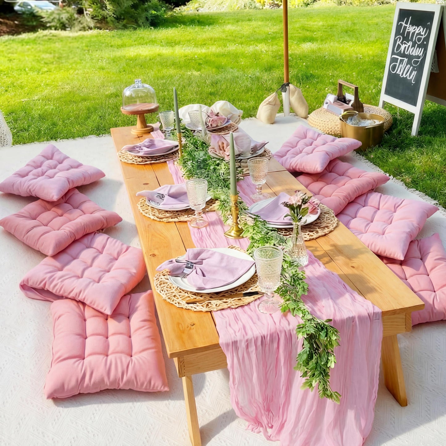 Hillsuren Extra Large Outdoor Picnic Blanket with Table Runner and Floor Pillow Cushion for Picnic Wedding Birthday Baby Shower Backyard (91 x 71'',Pink,6-Person)