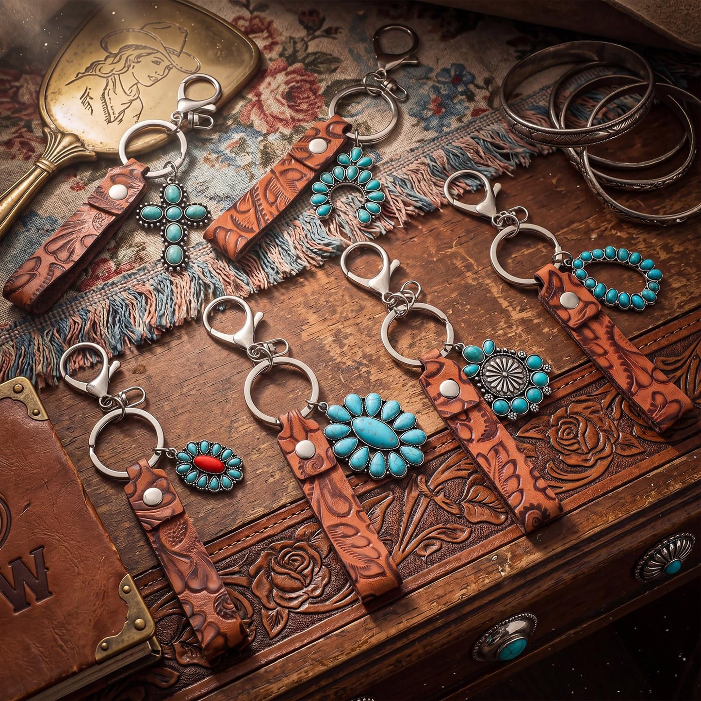 Kigeli 6 Pcs Western Keychain Vintage Embossed Cowhide Keychain Wristlet with Metal Charms Gifts for Women Men Antique PU Leather Key Ring for Keys Wallet Backpack Bag