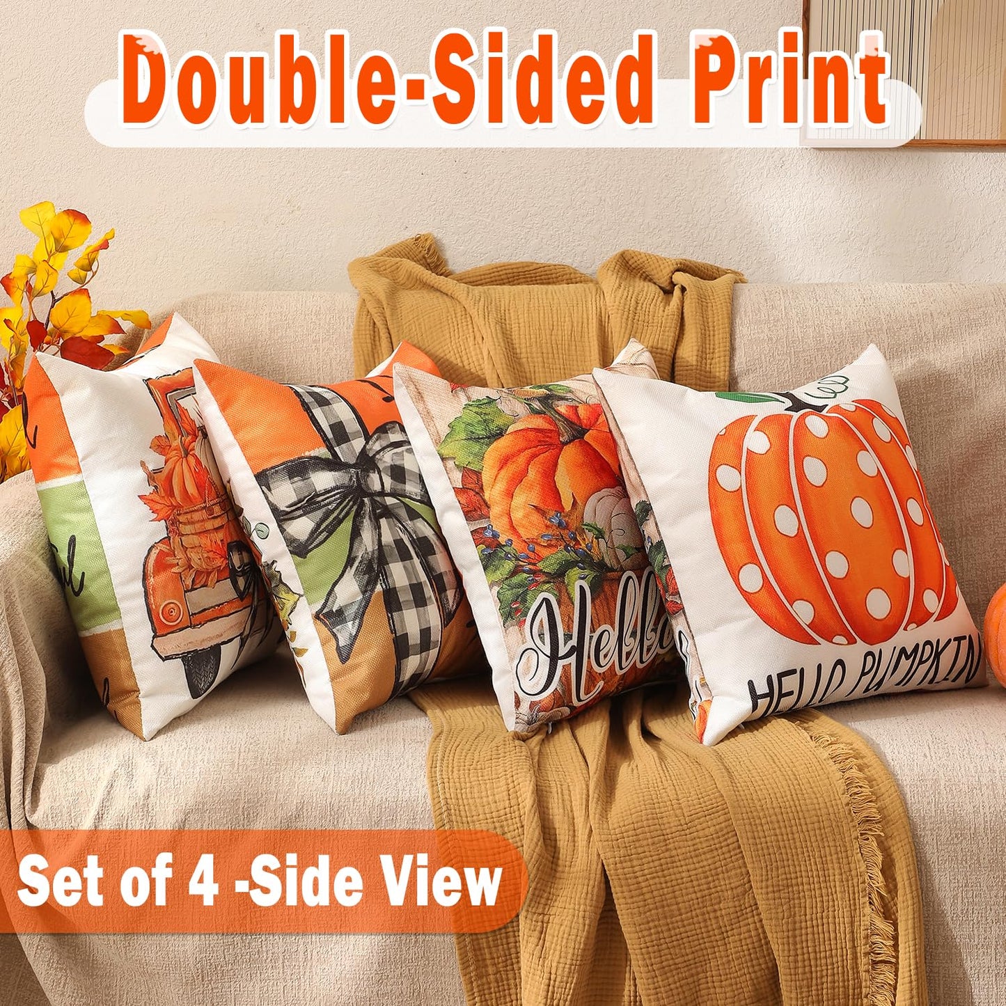 Fall Decorations Set Of 4 Double-Sided Print Fall Pillow Covers with 8 Cute Autumn Decor Patterns, Elegant Invisible Zipper, 20" x 20" Soft Linen Throw Pillow Covers for Outdoor & Indoor Use