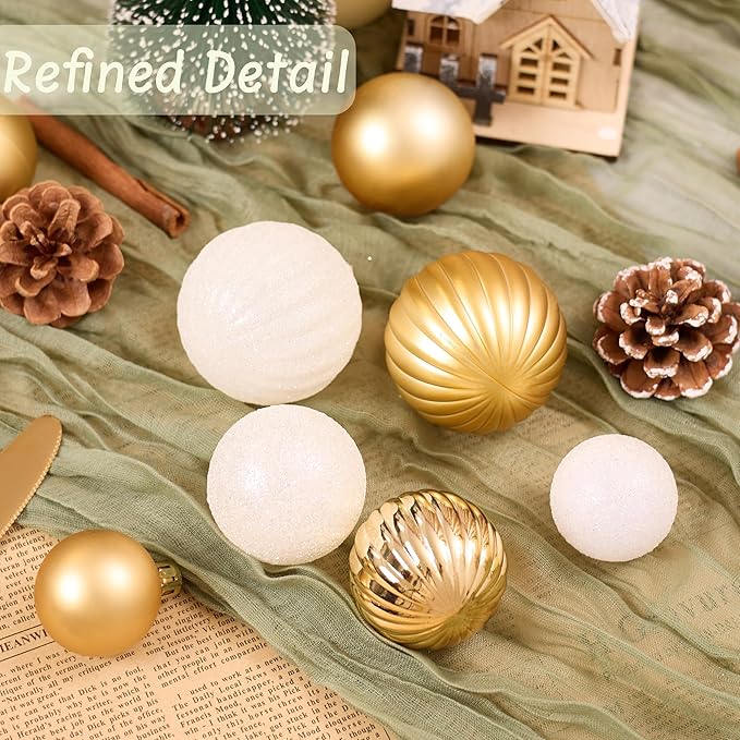 50ct Christmas Balls Ornaments for Xmas Tree, White and Gold Shatterproof Christmas Tree Decorations Hanging Ball for Holiday Party Decor(1.57"-2.36")